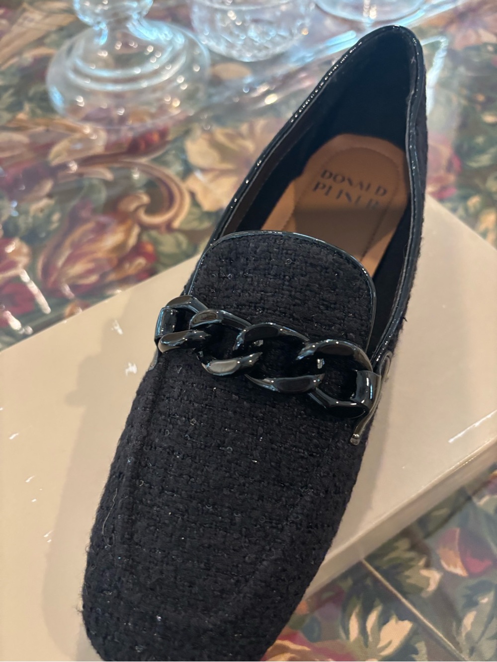Donald J. Pliner Black Tweed Loafer with Glossy Chain Trim